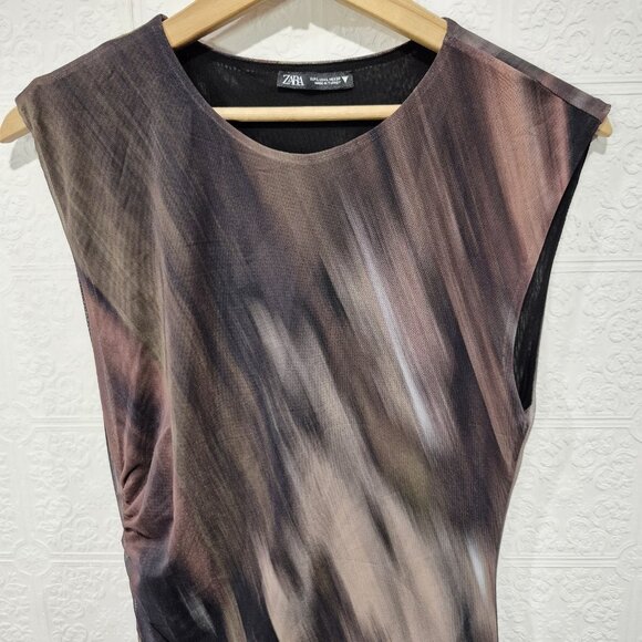 Zara Printed Tulle Abstract Mesh Maxi Cap Sleeve Dress size Large - Picture 5 of 9